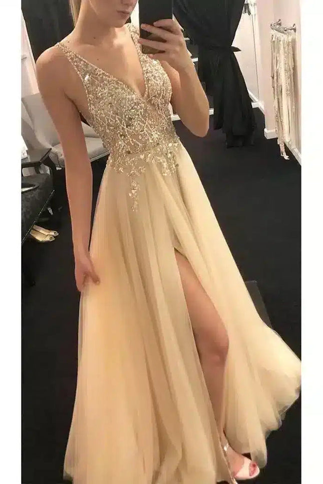 Robe De Cérémonie Longue Champagne Pailletée