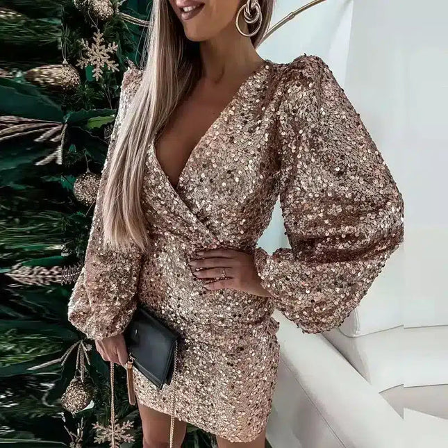 Robe Éclat Pailleté Rosé À Manches Bouffantes - gallery 2